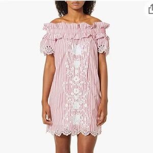 🆕‎ PARKER Cable Red & White Striped Off the Shoulder Floral Embroidered Dress